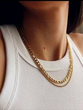 NEW! 18K Gold Plated Layered Cuban & Figaro Link Chain Necklace - Set